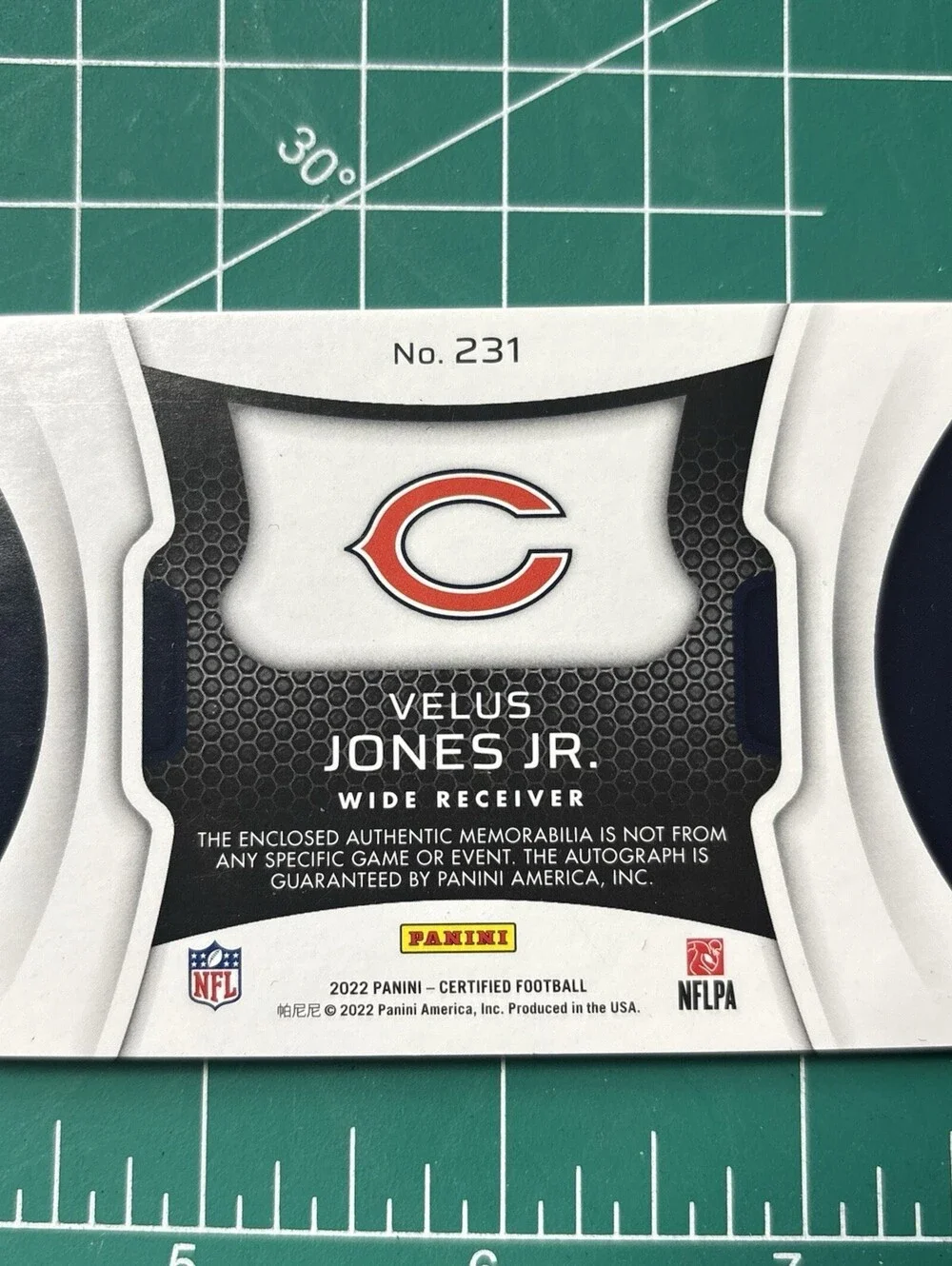 2022 Certified Freshman Fabrics Velus Jones Jr. RC Auto #ed /349 Bears Patch